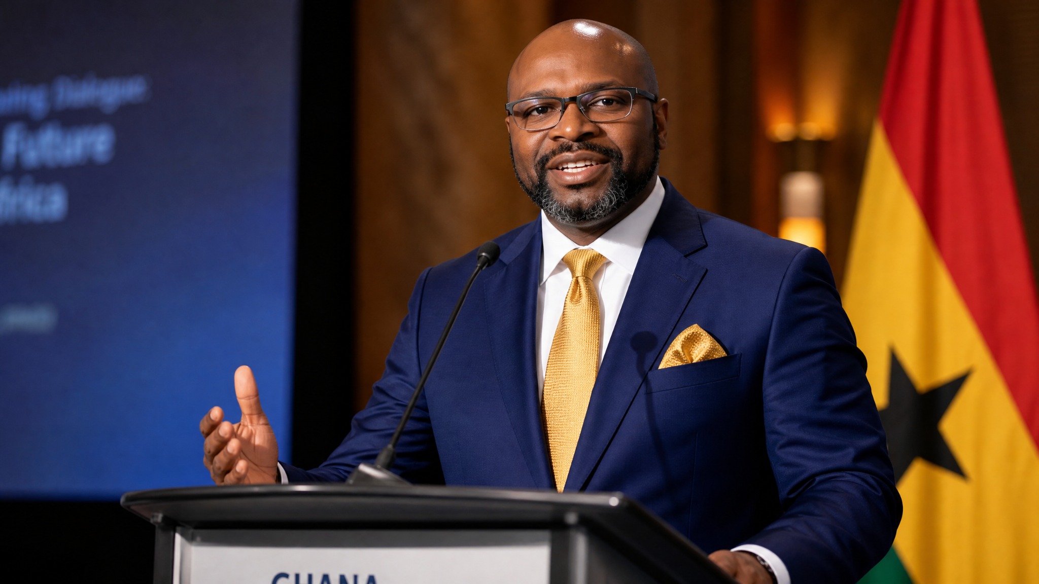 Johnathan Lightfoot speaking at a lectern during a professional event in Ghana