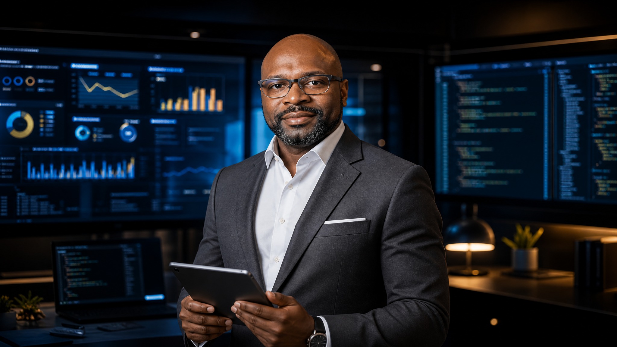 Johnathan Lightfoot holding a tablet in a technology operations environment